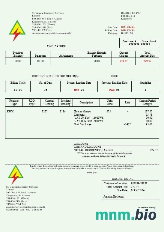 Saint Vincent i Grenadyny St. Vincent Electricity Services Limited busienss utility bill Word i szablon PDF